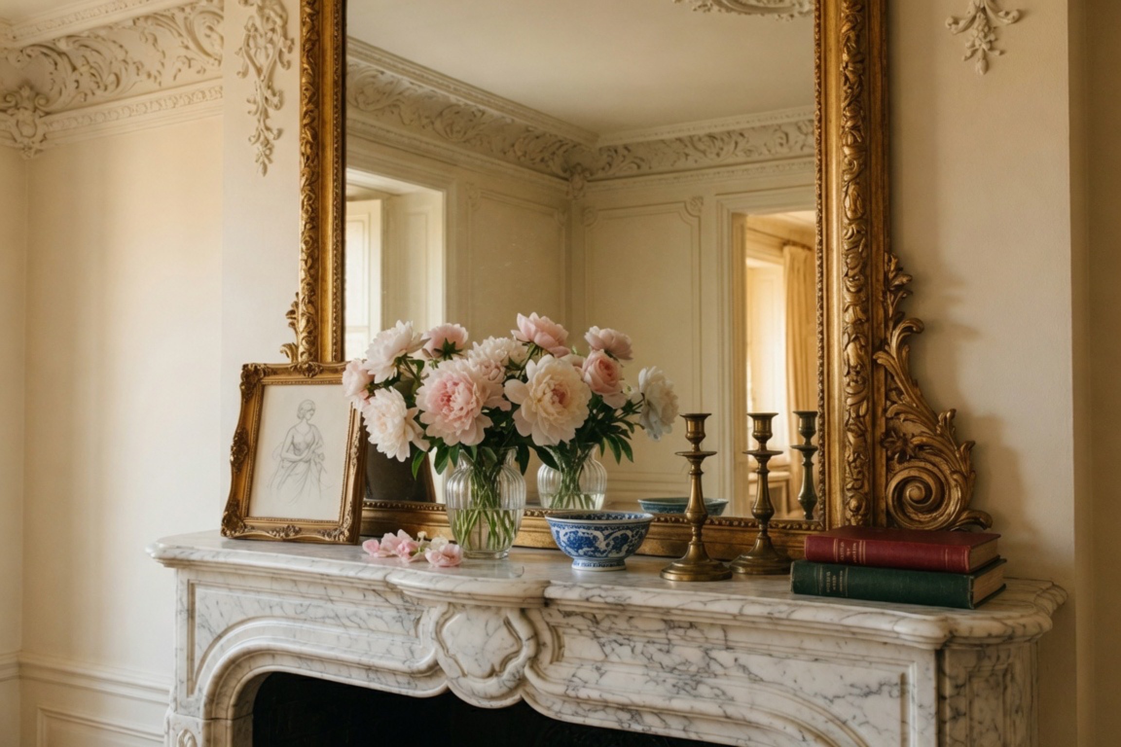 A classic Uptown New Orleans marble mantel below a tall gilt overmantel mirror, with peonies, a leaning sketch, and brass candlesticks in warm daylight