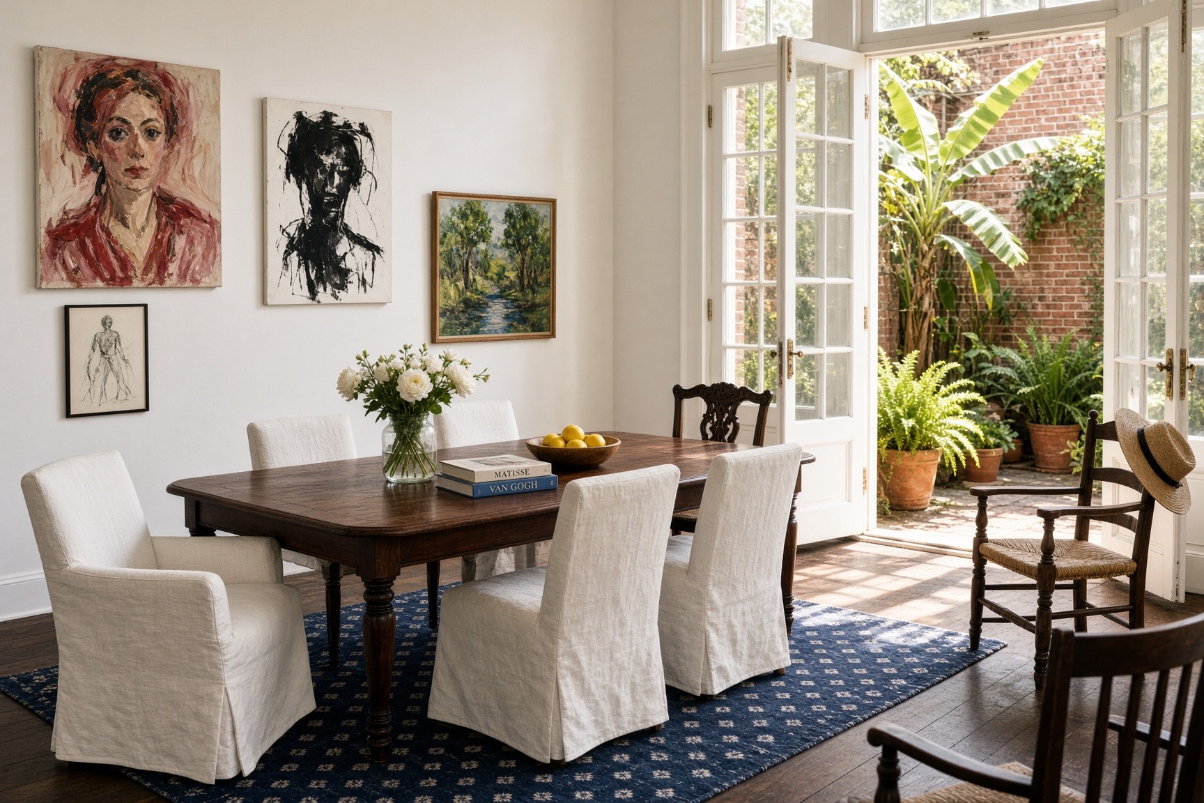 A sunlit dining room with a long mahogany table, collected modern art, and doors open to a brick courtyard