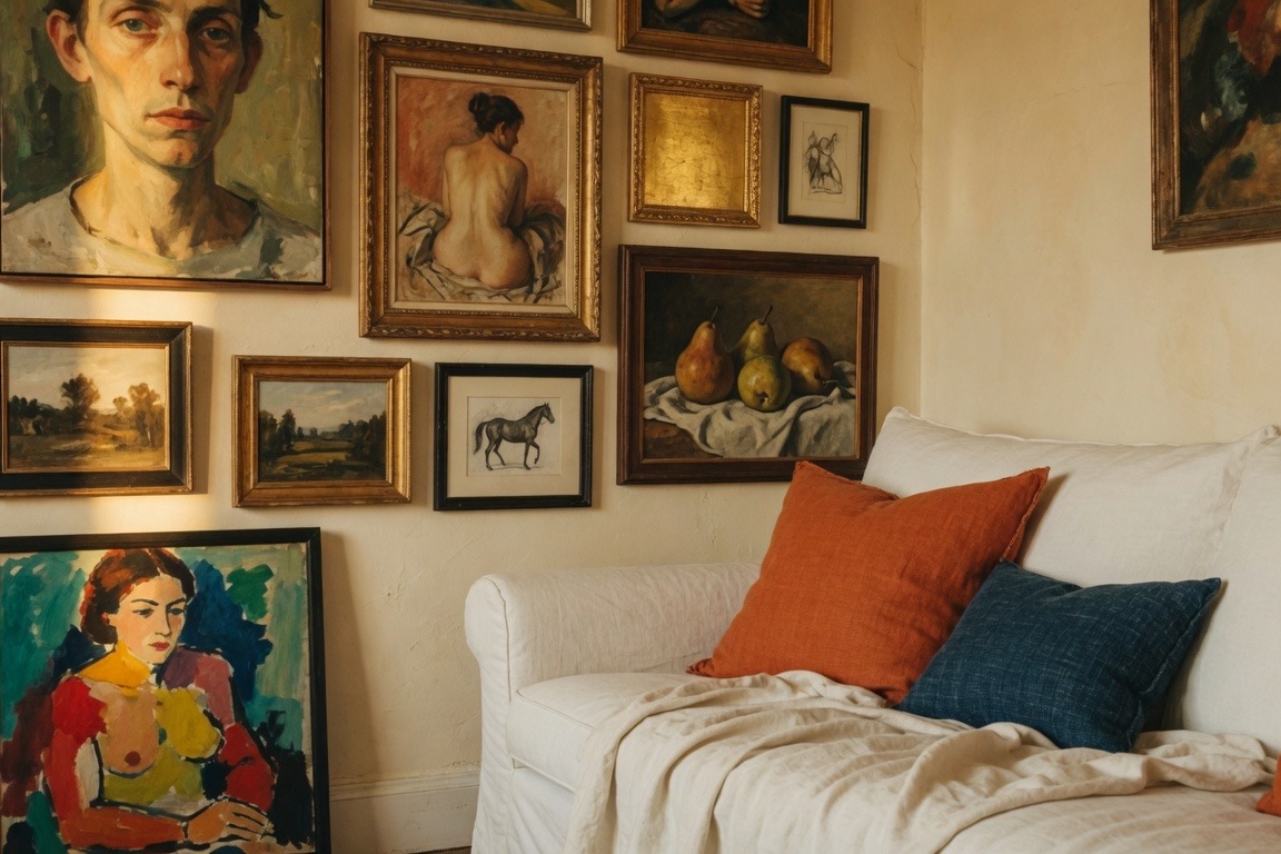 A white slipcovered sofa with persimmon and indigo pillows beneath a dense salon wall of paintings